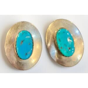 Vintage Navajo Ronnie Hurley Large Sterling Silver Turquoise Earrings Signed RH